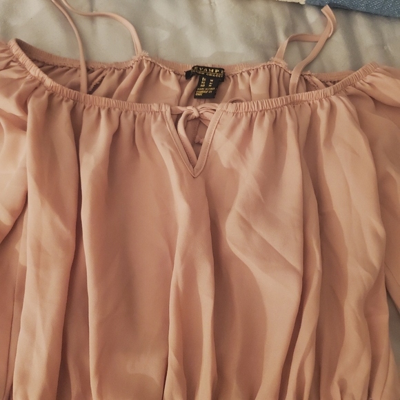 Blush Pink Cold Shoulder Bell Sleeve Smocked Crop Top - Picture 9 of 10